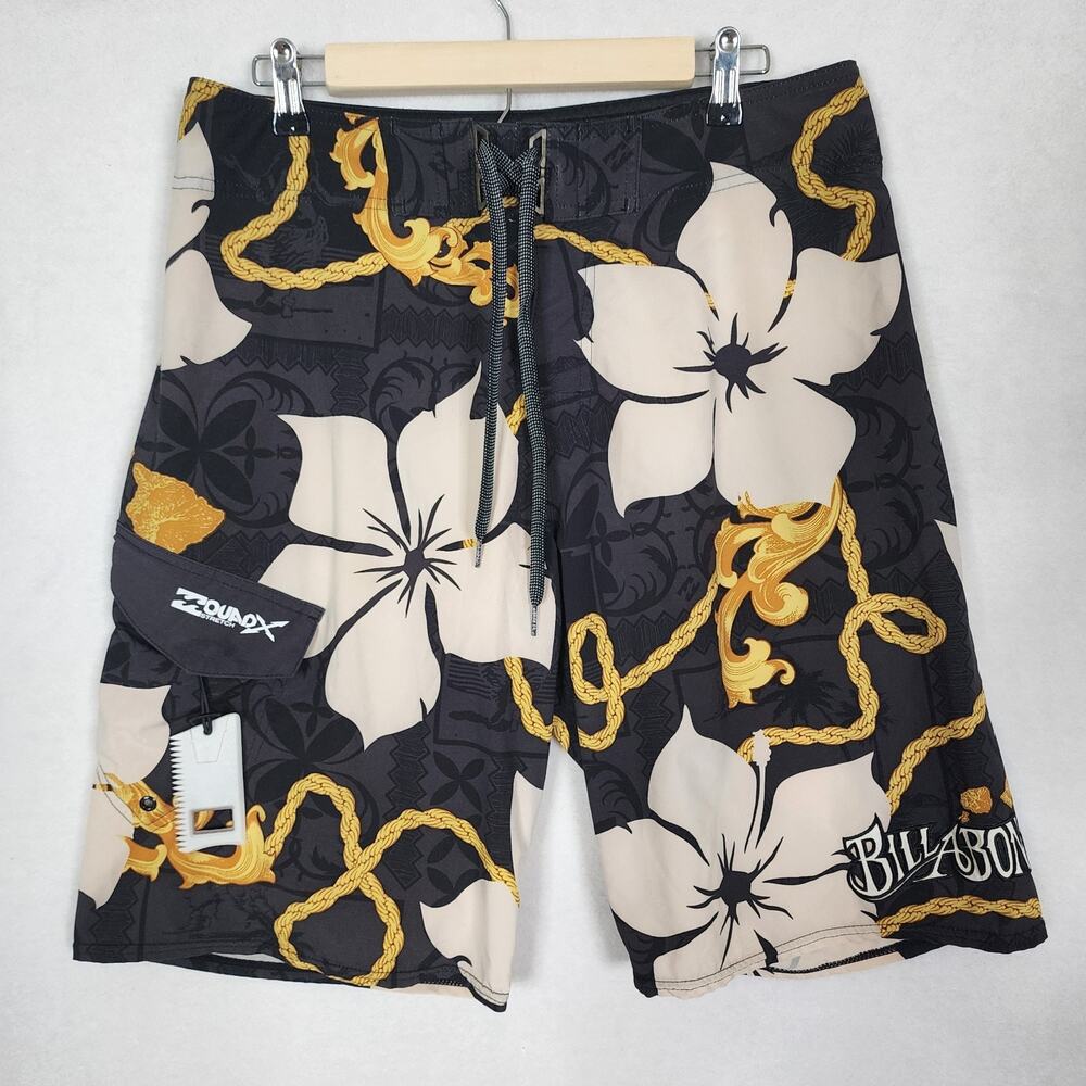 Vintage Y2K Billabong Board Shorts Spellout Surf Wax Comb Hawaiian Floral Sz 33